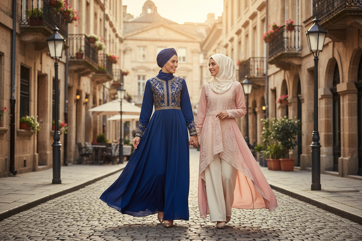 2 muslim woman talking with very beutiful modest fashion clothes, in a european classical street