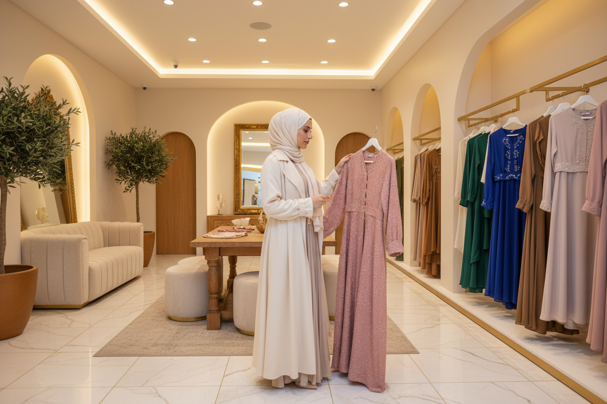 a muslim woman looking for some clothes in a very fancy store of modest fashion, in a very cozy store, with good ilumination